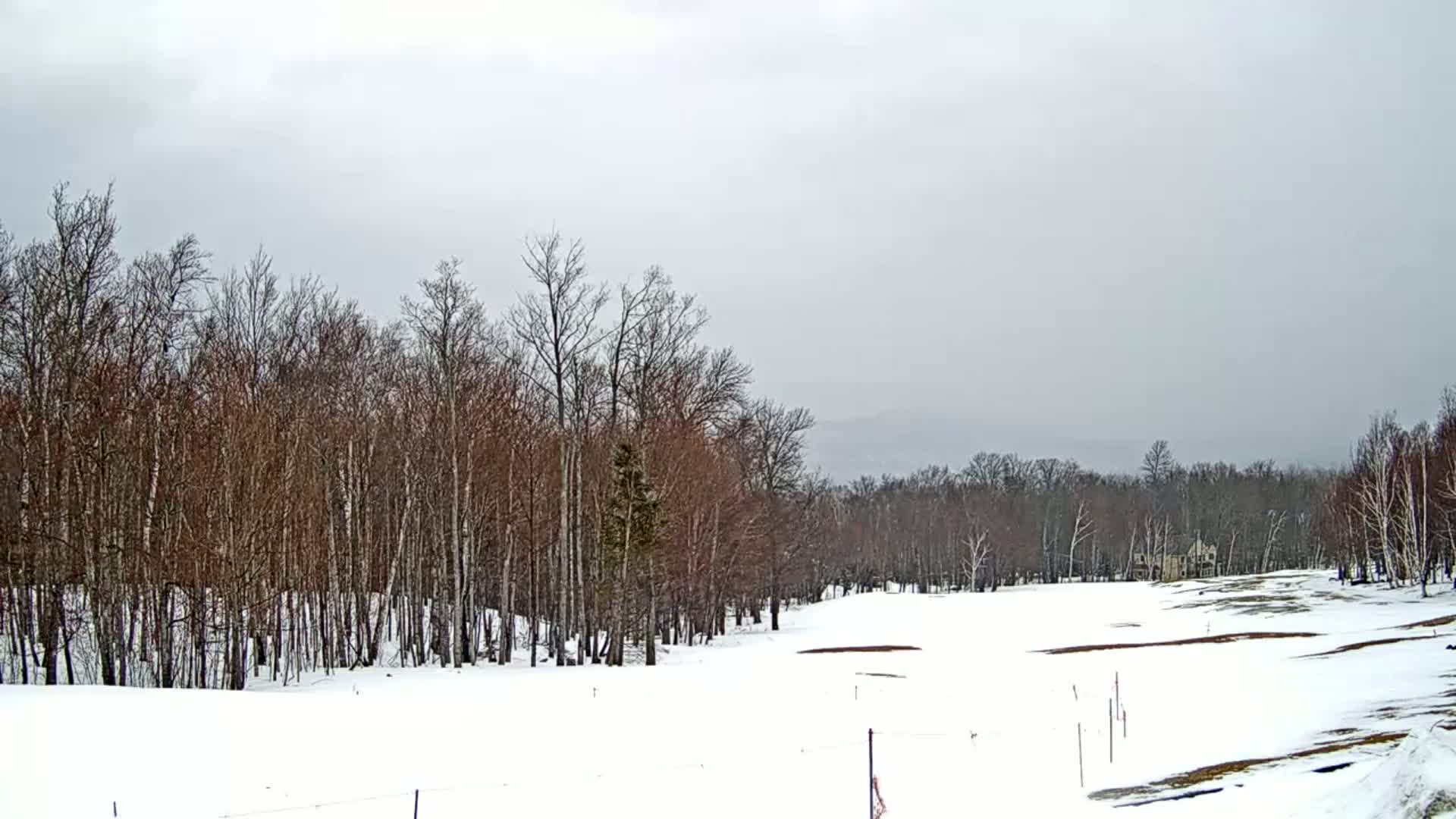 A snow-covered, mostly barren golf course is surrounded by leafless trees under an overcast sky.