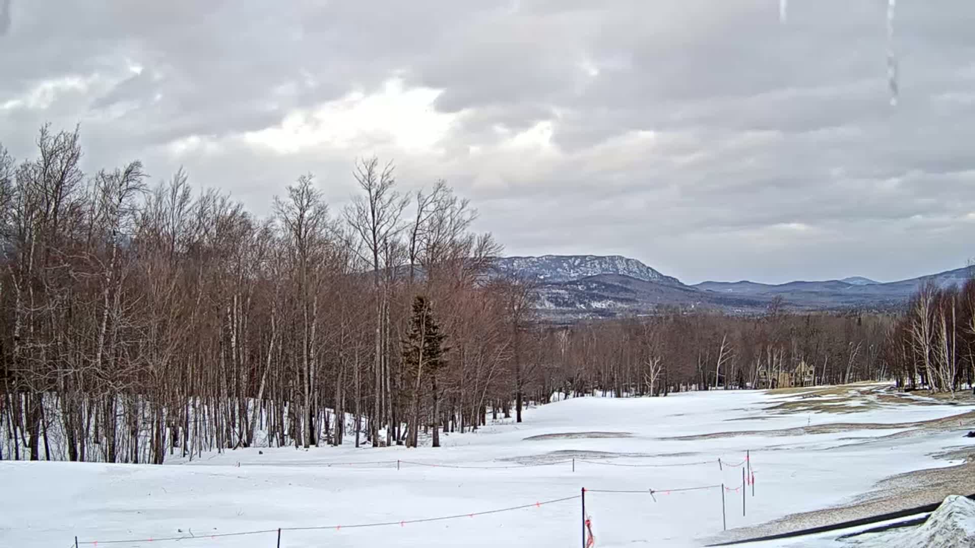 A snow-covered landscape with bare trees in the foreground, a distant mountain range under a cloudy sky.