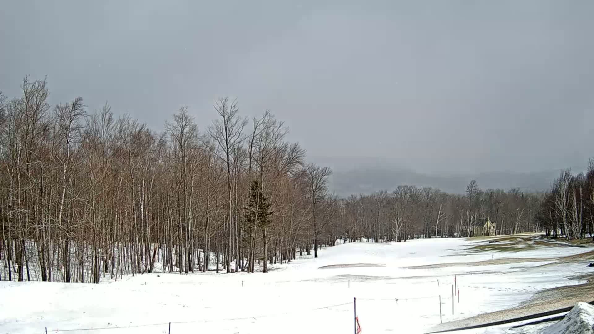 A snow-covered golf course is surrounded by bare, deciduous trees under an overcast sky.