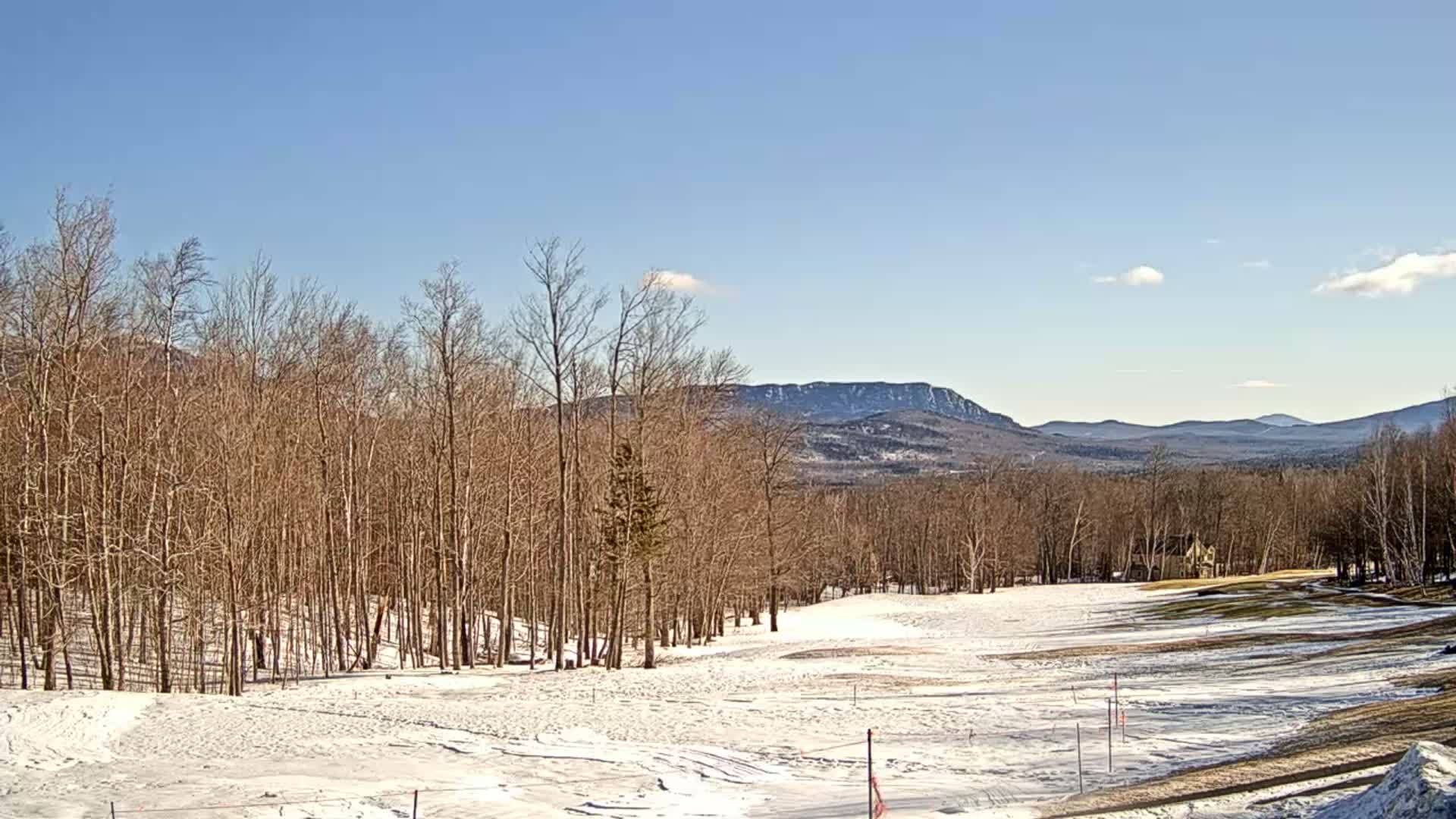 A snow-covered ski slope is nestled among bare deciduous trees, with mountains visible in the distance under a clear blue sky.