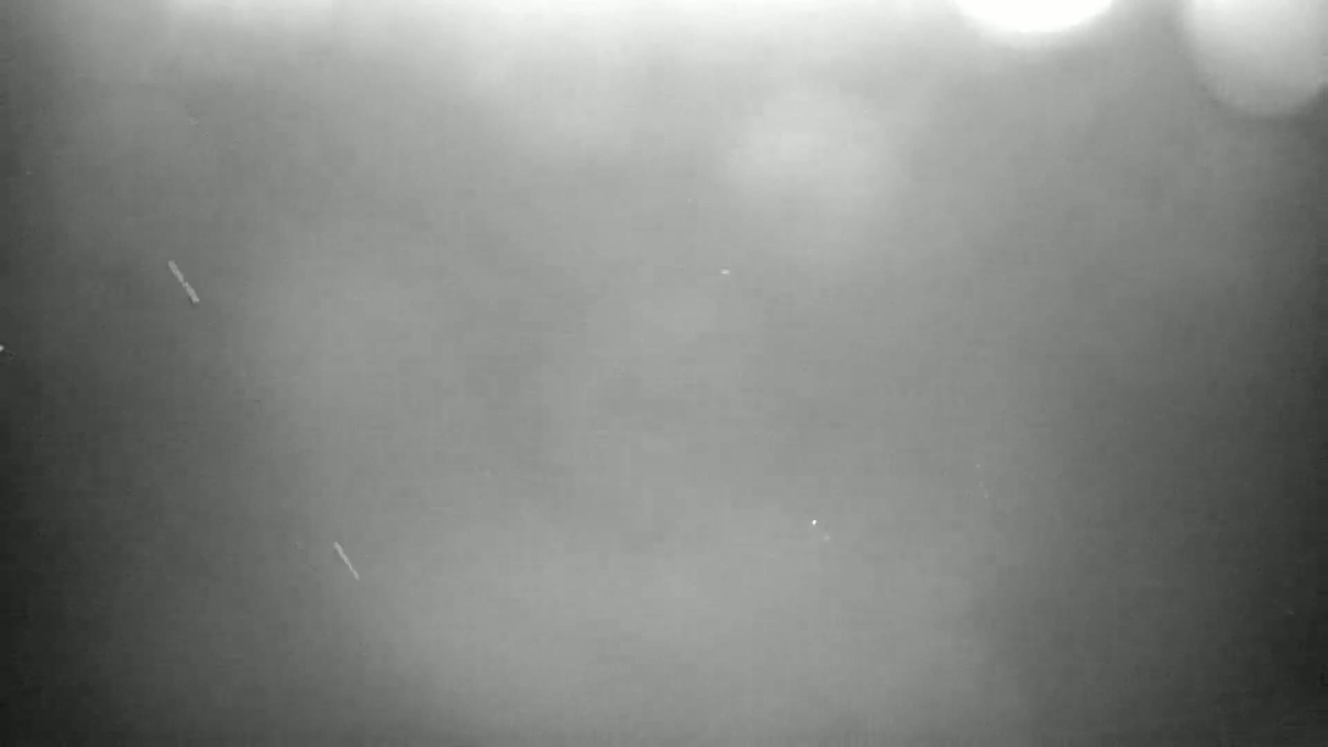 A blurry, grayscale image shows a hazy or foggy scene with faint, indistinct shapes and specks of light.