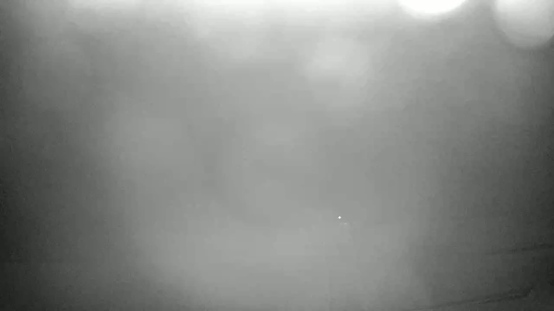 A blurry, foggy, grayscale image shows a distant, indistinct light.