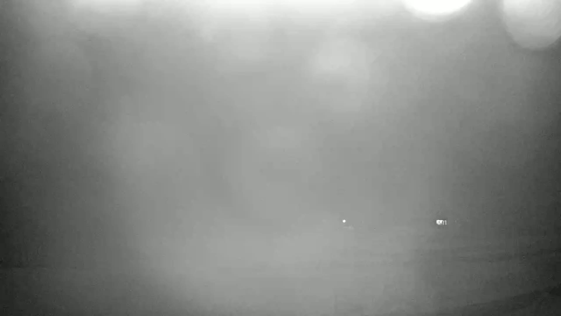 A foggy, dimly lit outdoor scene shows a few faint lights in the distance.
