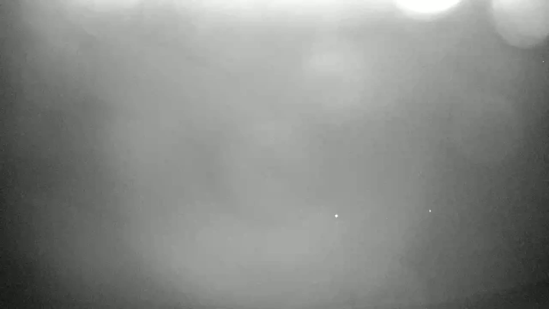 A blurry, foggy scene shows very faint lights in the distance.