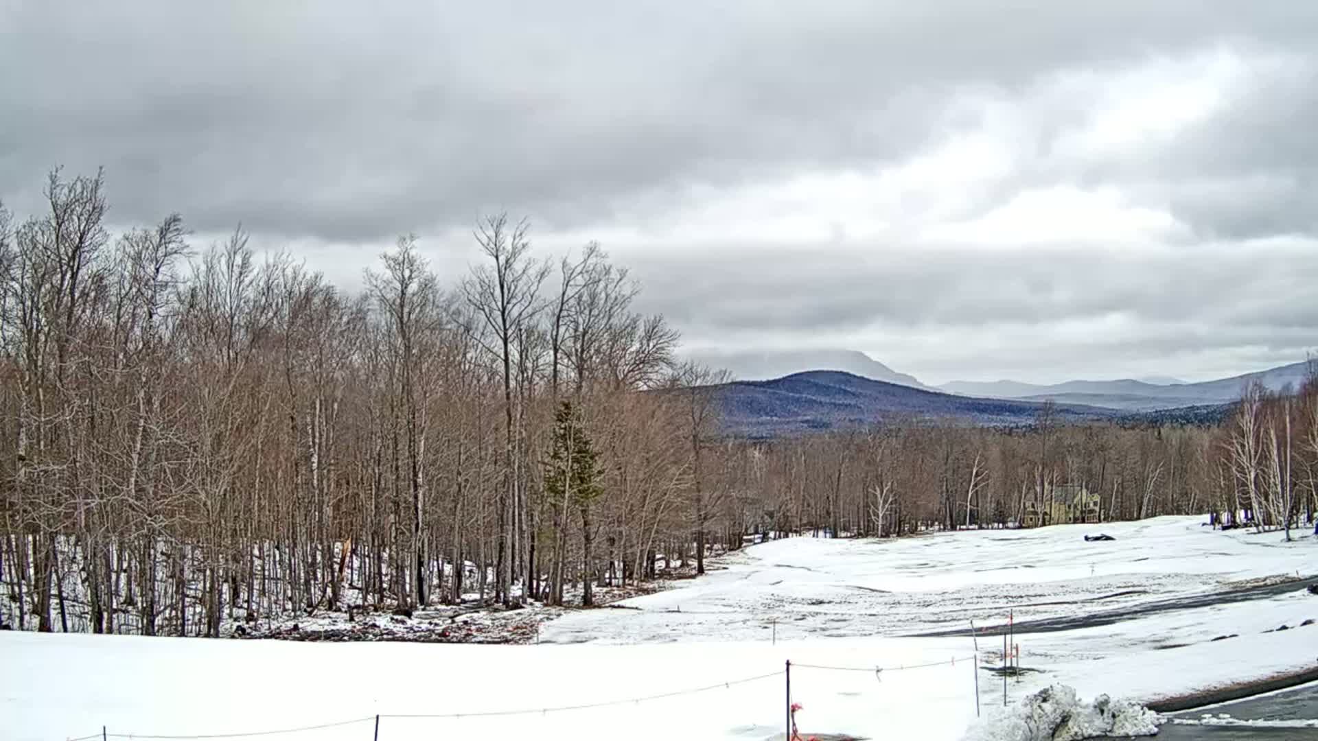 A snow-covered landscape with leafless trees in the foreground and distant mountains under a cloudy sky.
