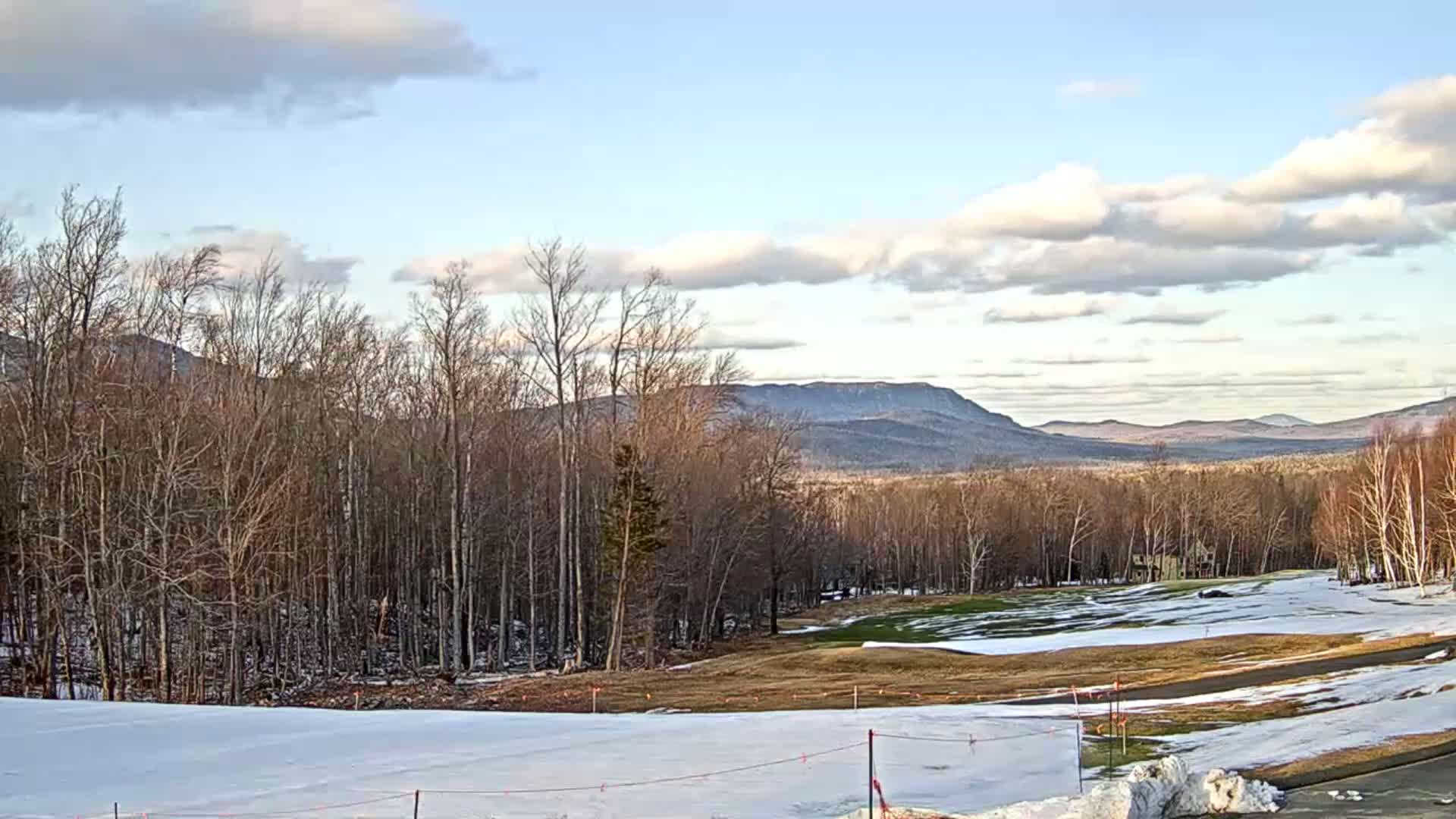 A partly cloudy sky overlooks a snow-dusted landscape of bare trees, a partially snow-covered grassy area, and distant mountains.