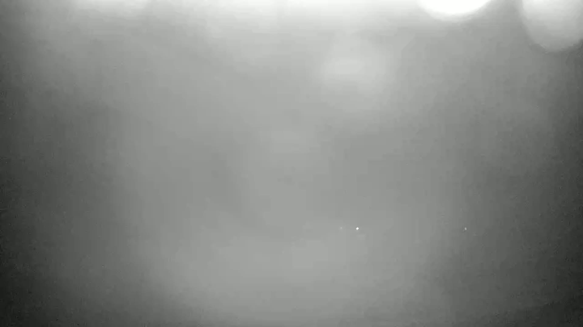 A blurry, hazy, gray image shows a few faint lights in the distance.