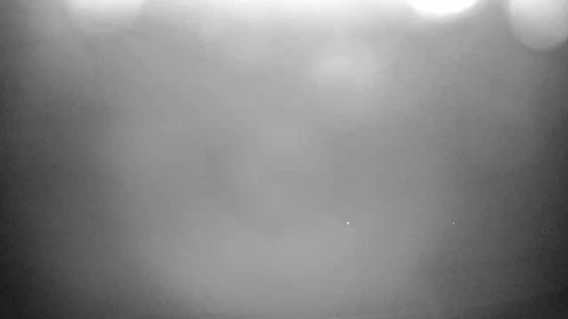 A blurry, grayscale image shows a foggy or hazy scene at night, with a few indistinct lights visible in the distance.