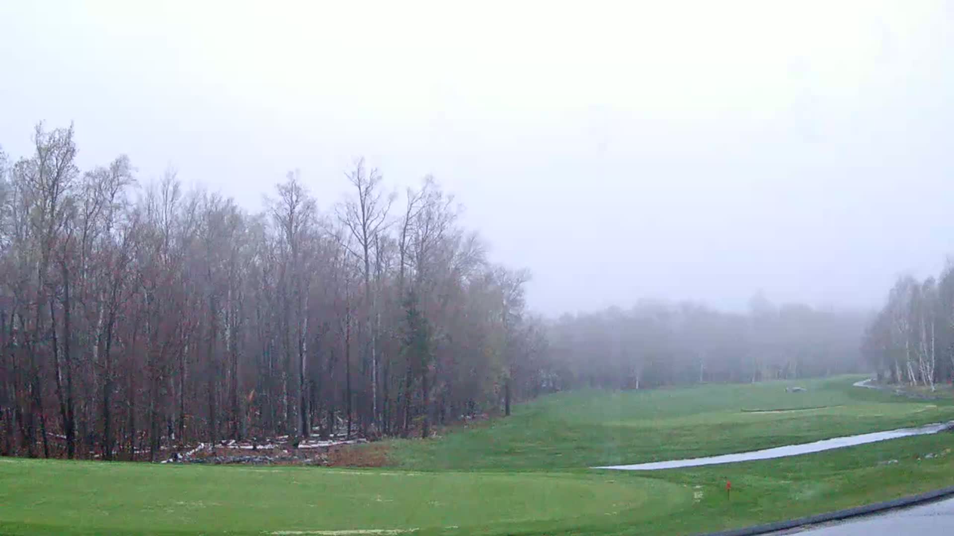 A rain-shrouded golf course winds through a misty forest.