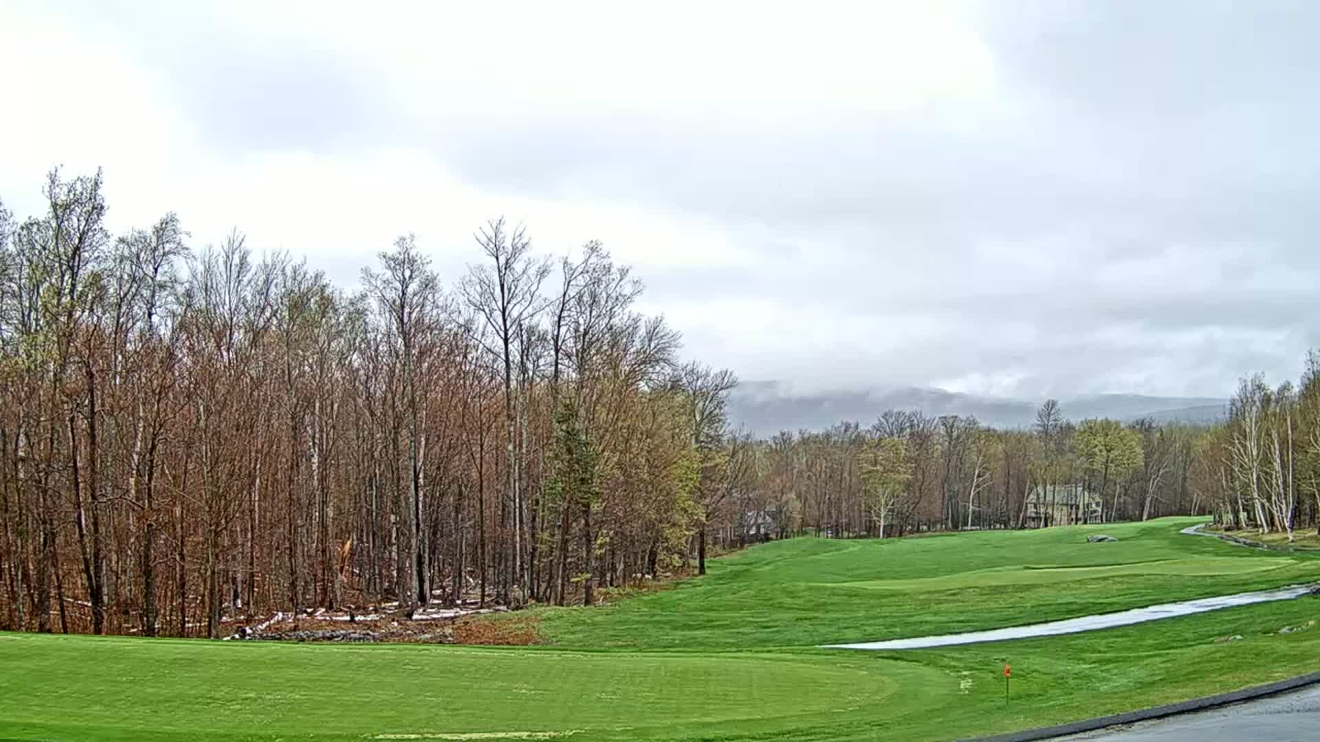 A mostly cloudy day reveals a golf course nestled among a line of leafing deciduous trees and distant mountains.