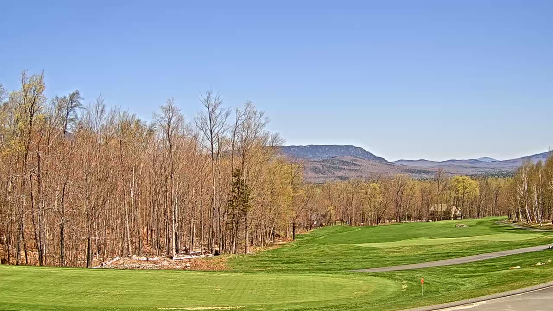 A golf course with a green fairway and a backdrop of bare trees and distant blue mountains under a clear blue sky.
