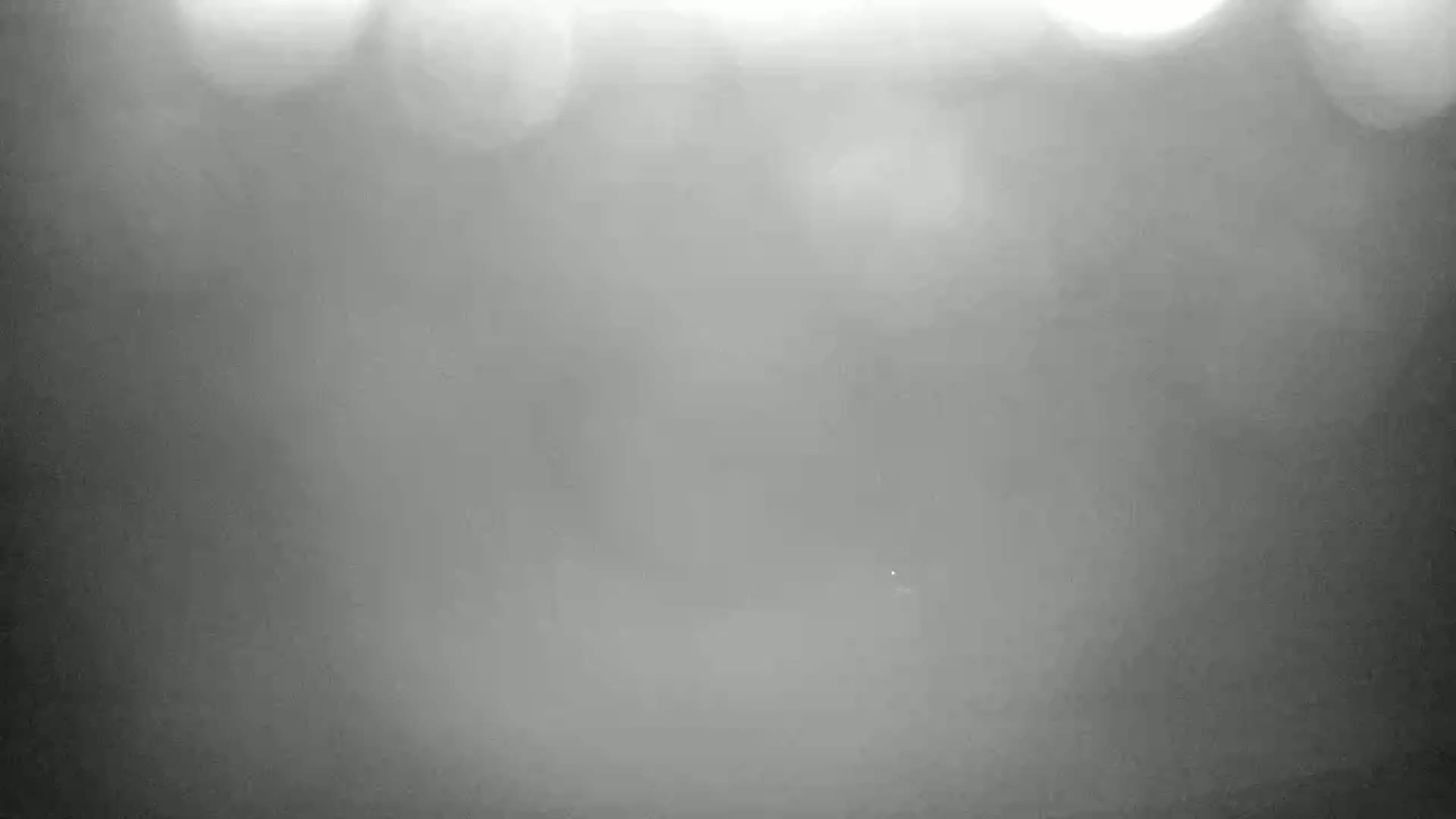 A blurry, grayscale image shows a foggy or hazy outdoor scene with indistinct shapes and bright light sources.