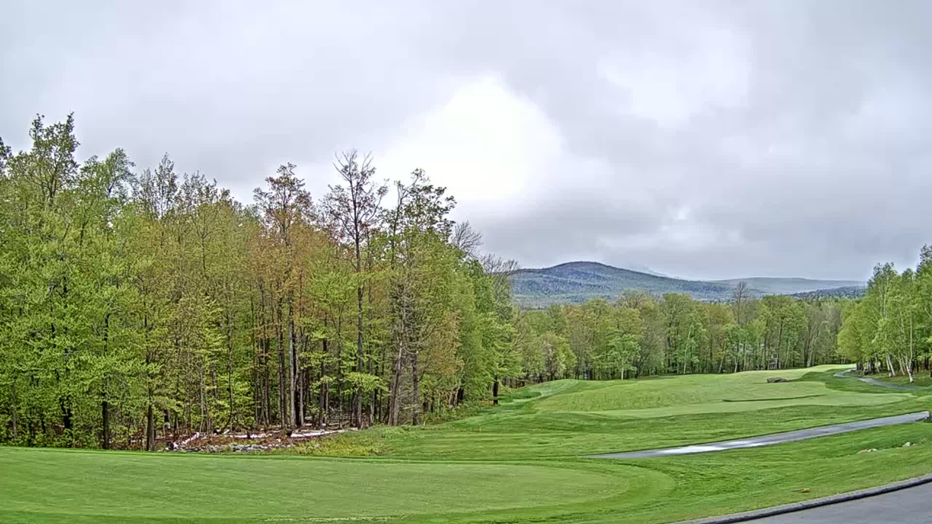 A golf course with green fairways and trees, situated in front of a mountain range under an overcast sky.