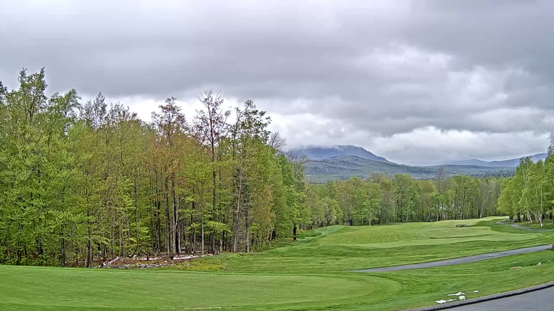 A golf course with green fairways and lush trees under a cloudy sky, with mountains visible in the distance.