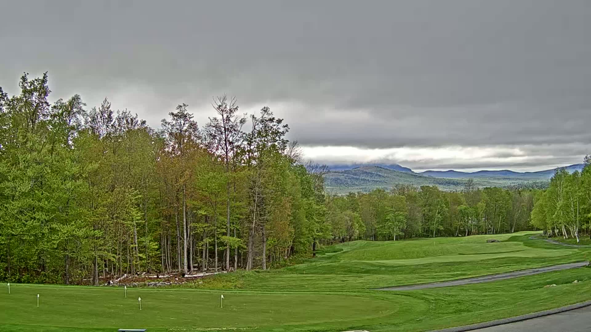 A golf course with a driving range sits nestled amongst a lush green forest, with a mountain range visible under a cloudy sky in the distance.