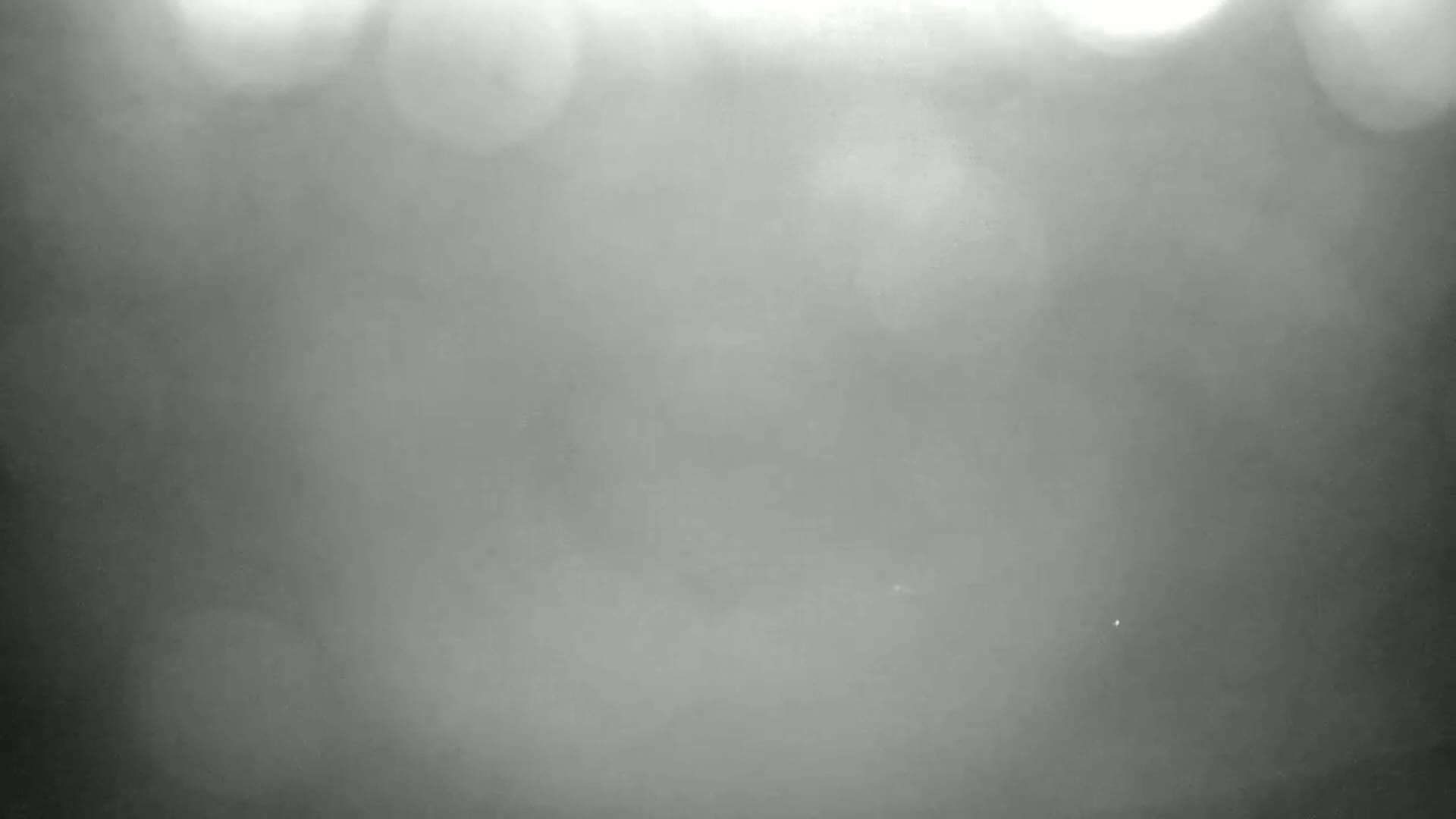 A blurry, gray image shows a hazy or foggy scene with indistinct shapes and bright spots of light.