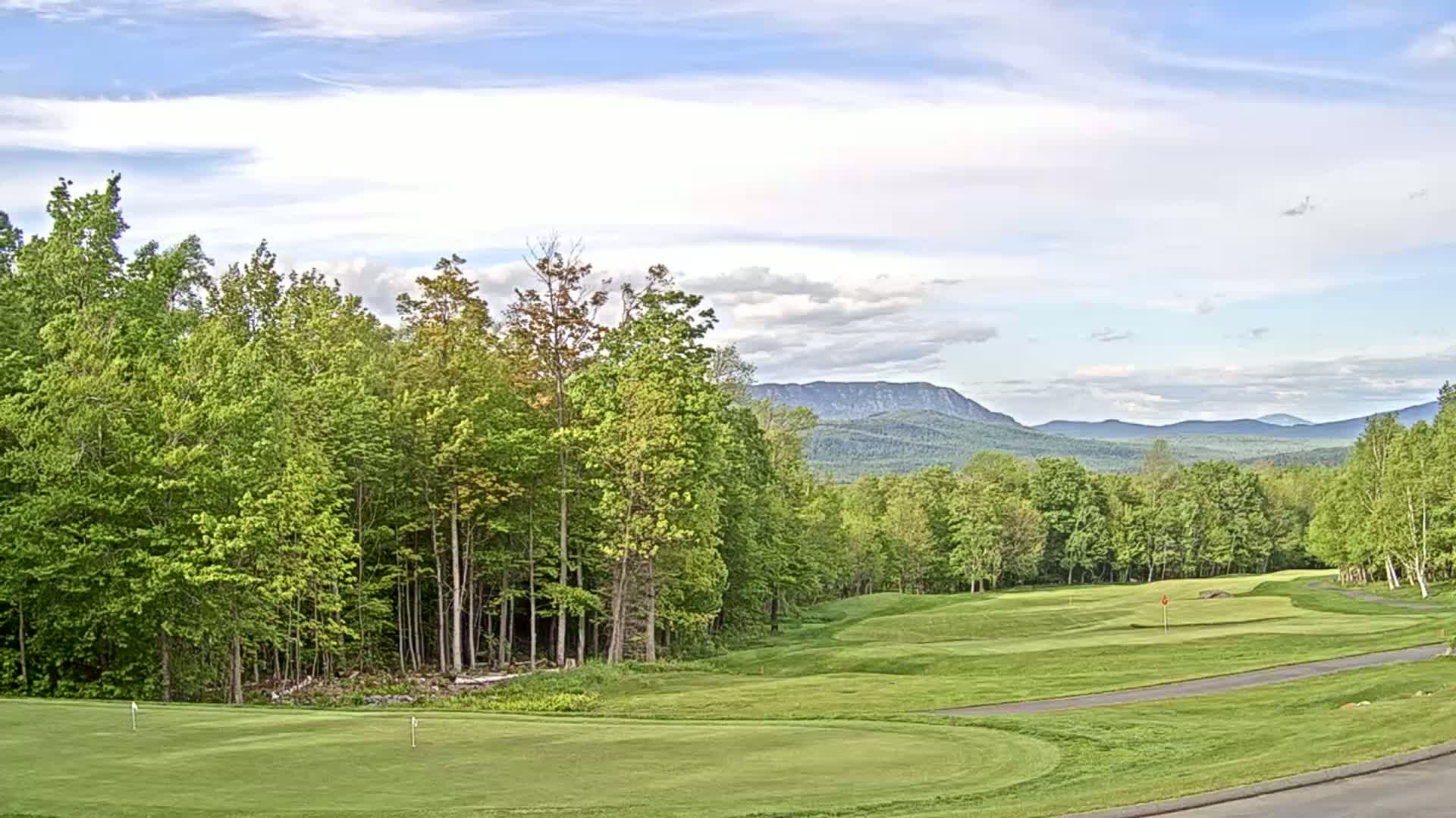 A lush green golf course, bordered by deciduous trees, stretches towards distant blue mountains under a partly cloudy sky.