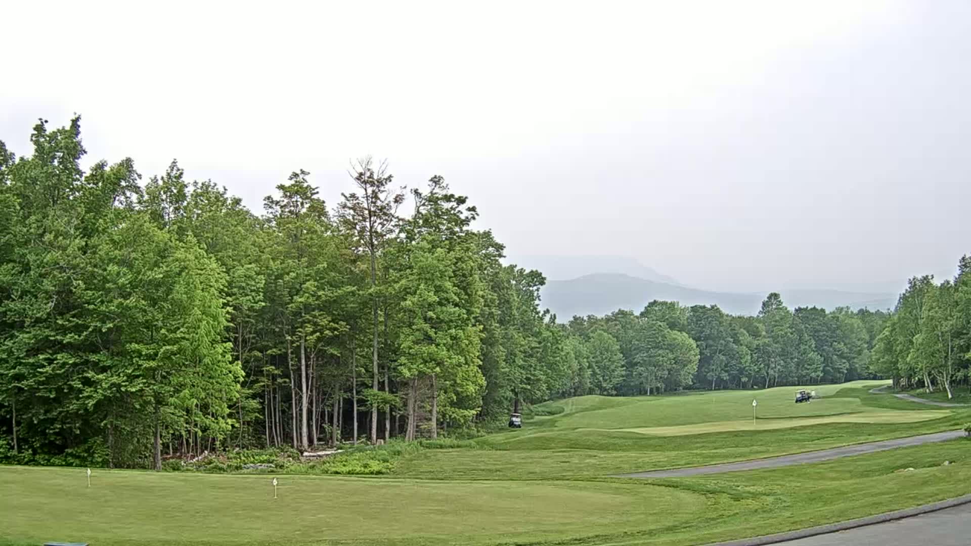 A golf course with lush green fairways and greens is bordered by a dense forest of deciduous trees under a hazy sky, with distant mountains visible in the background.
