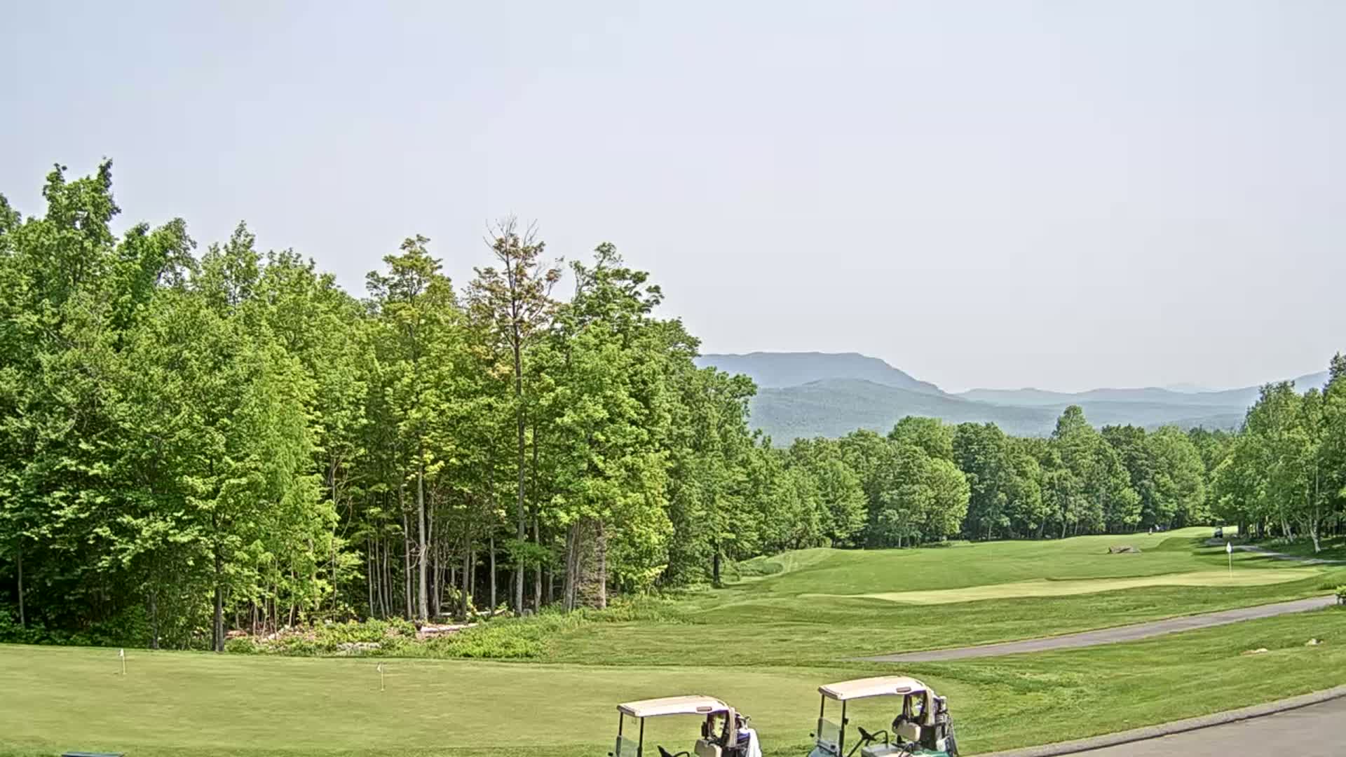 Two golf carts sit on a green golf course bordered by lush green trees and mountains under a mostly clear sky.