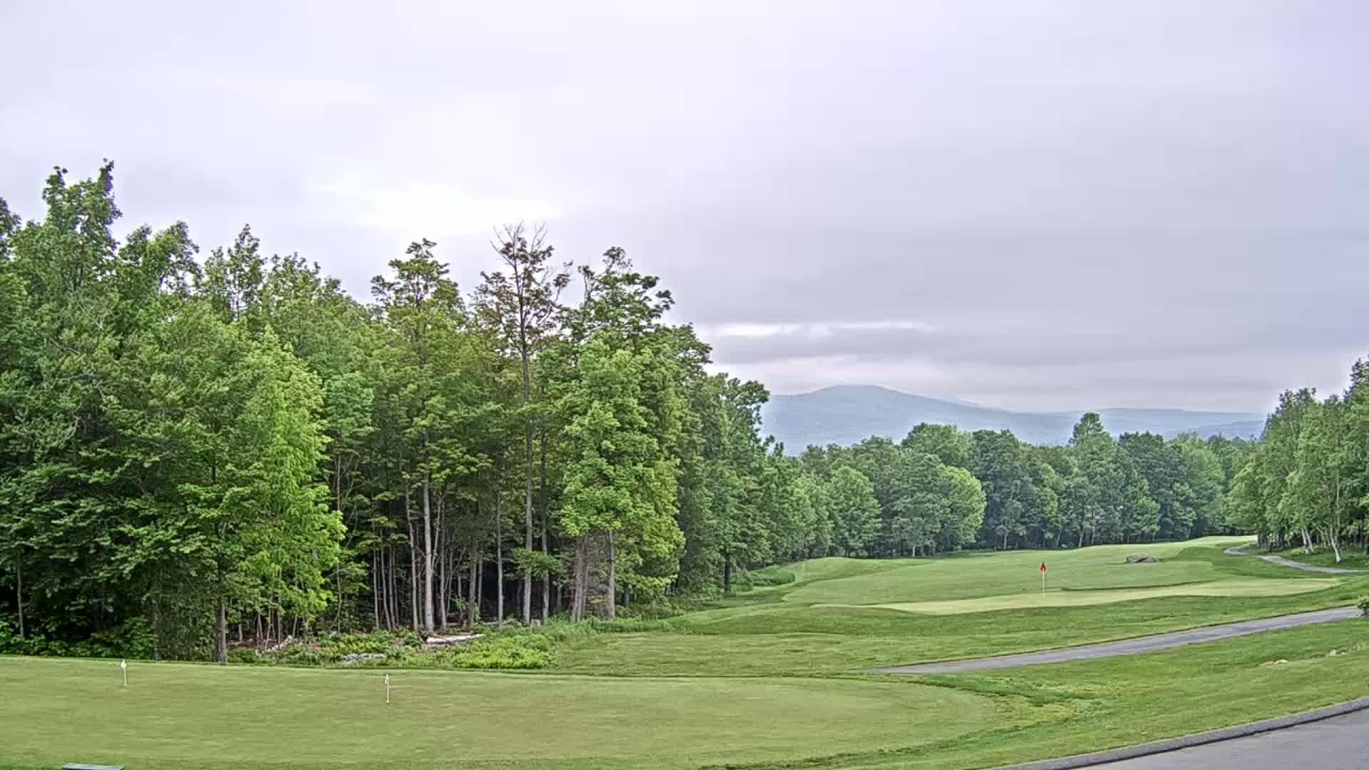 A golf course green and fairway bordered by lush green trees under a cloudy sky with distant mountains visible.