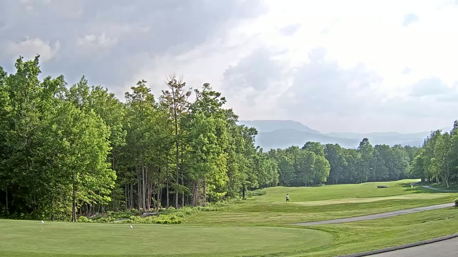 A golfer walks across a green golf course surrounded by lush green trees and distant hazy mountains under a partly cloudy sky.