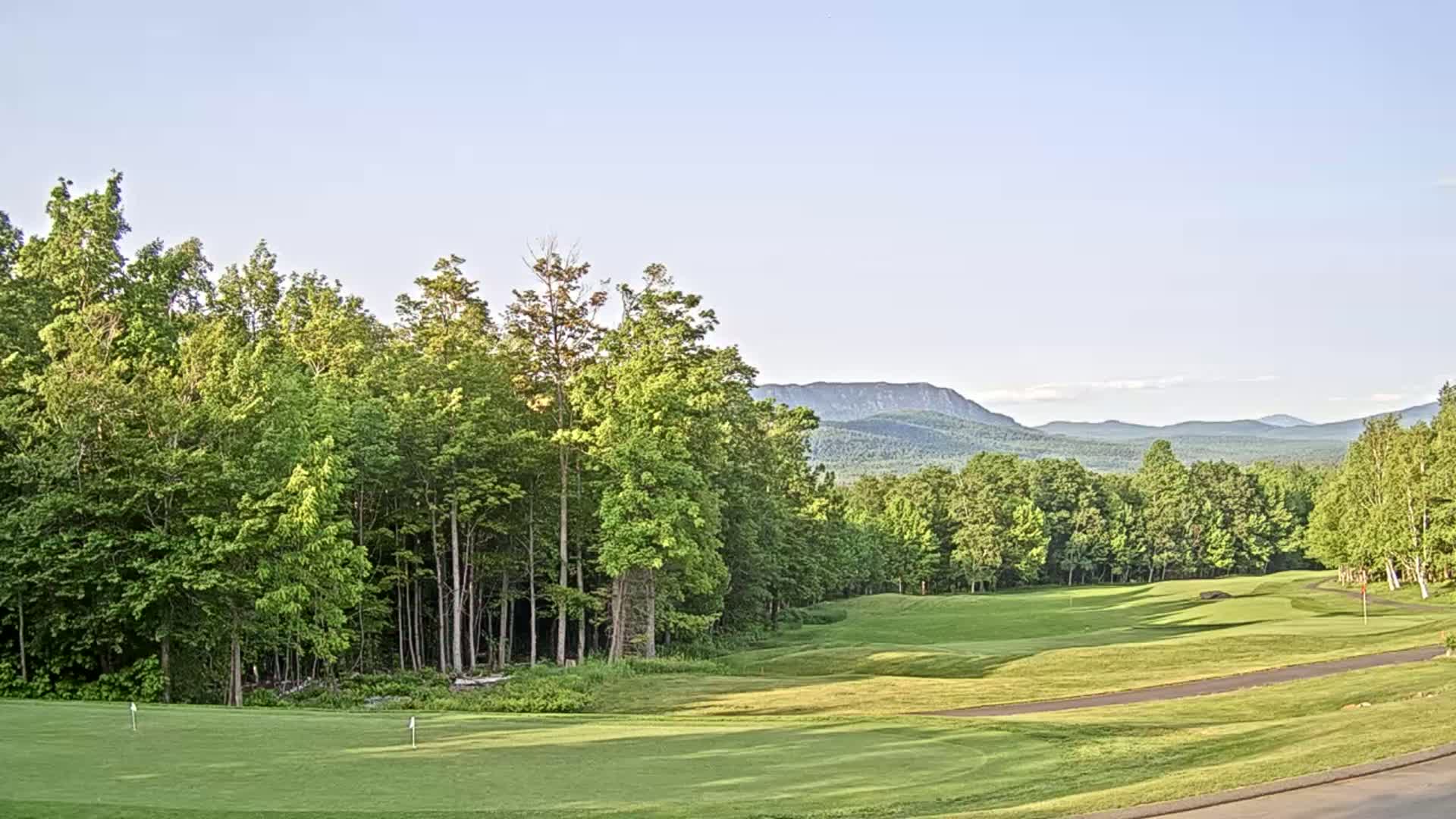 A golf course with several golfers and golf carts on a putting green, surrounded by lush green trees and mountains under a mostly clear sky.