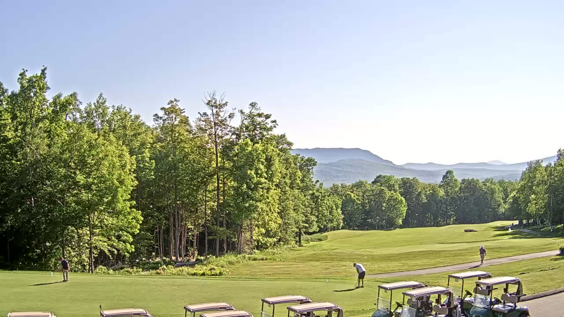 A sunny golf course with several people playing golf and golf carts parked near a wooded area with distant mountains visible in the background.