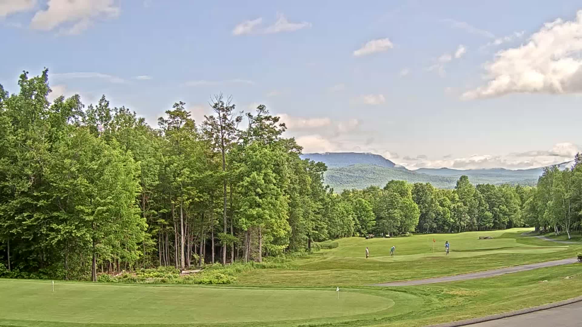 A partly cloudy day on a golf course shows a putting green in the foreground and golfers on a fairway with a forest and distant mountains in the background.