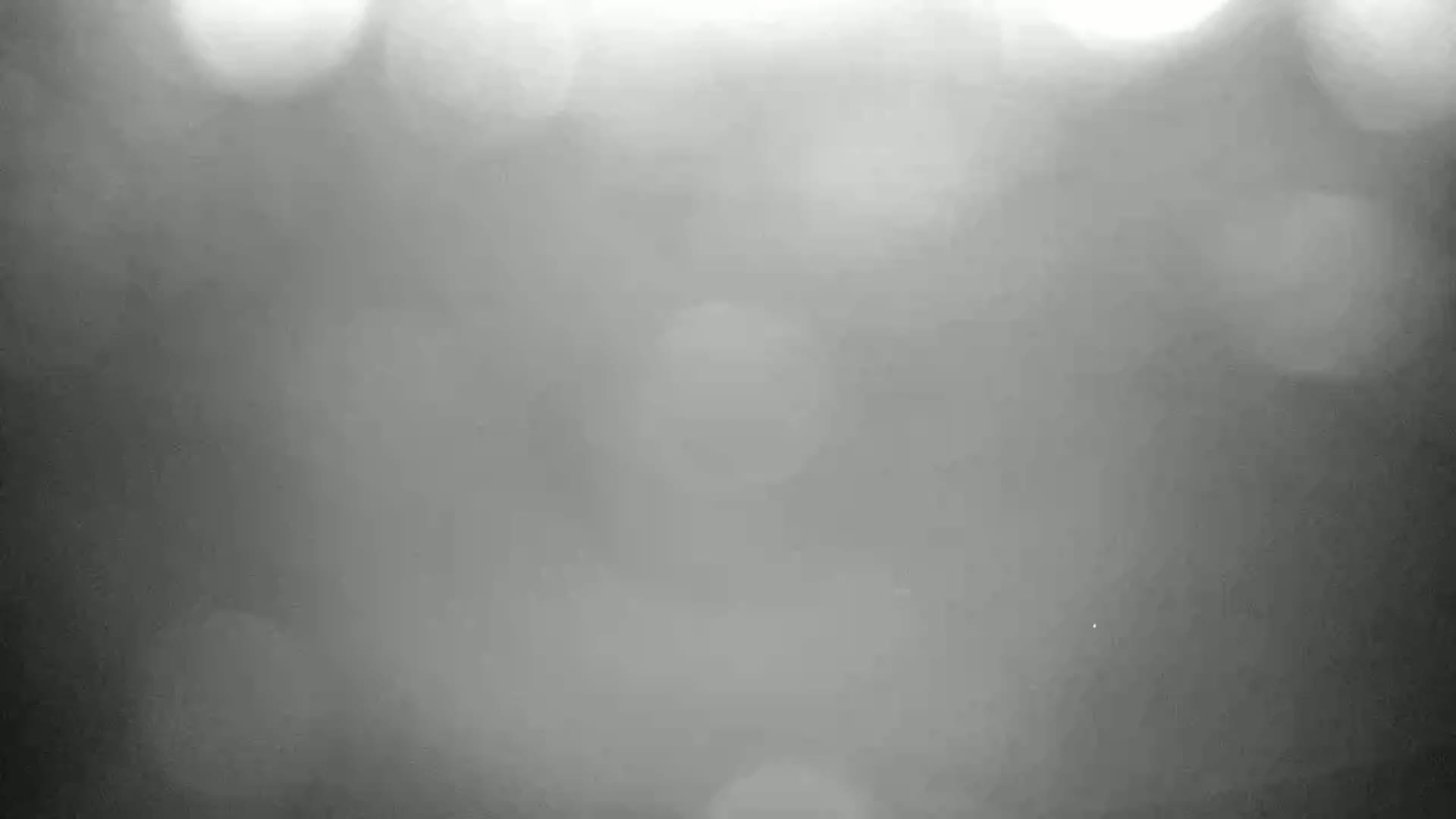 A blurry, grayscale image shows out-of-focus light sources and atmospheric haze.