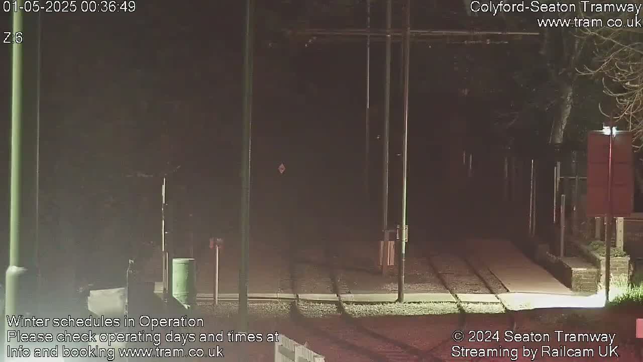 A nighttime view of empty tram tracks, bordered by poles and low lighting.