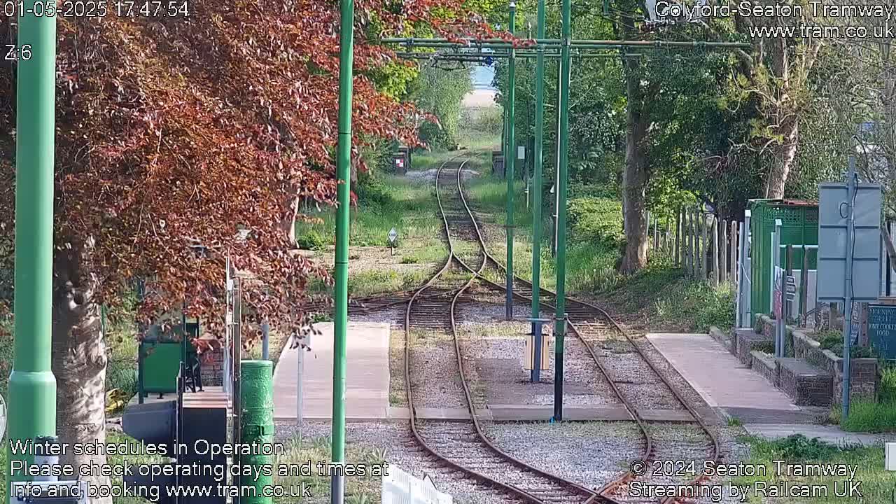 Two sets of train tracks diverge from a station platform surrounded by lush greenery under a sunny sky.