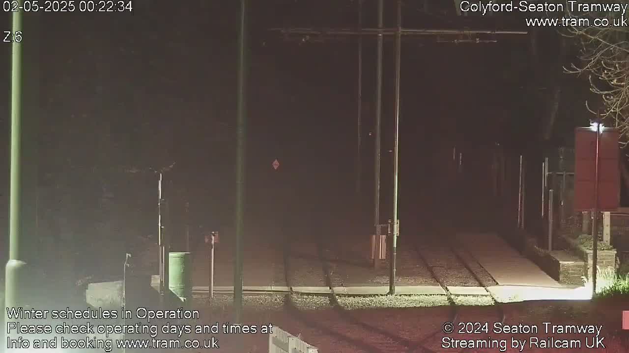 A nighttime view of empty tram tracks, lit by streetlights, with a dark background.