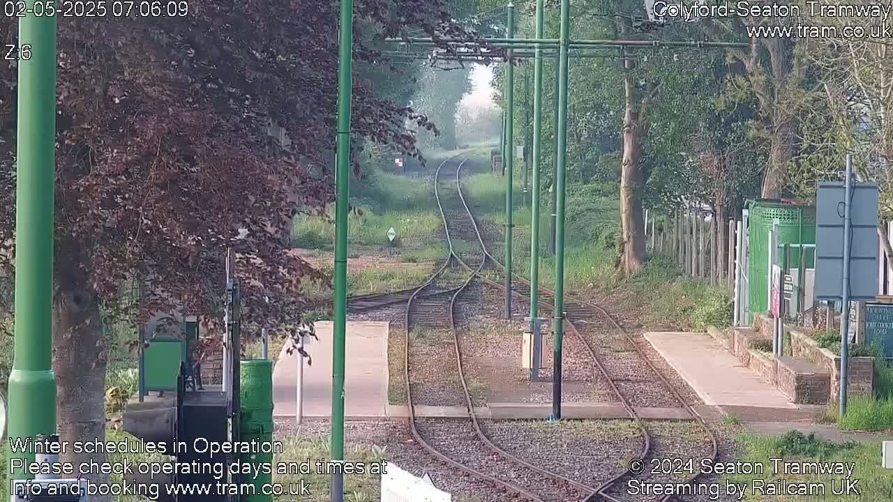 A view of a train track splitting into two paths, surrounded by trees and green vegetation on a slightly hazy morning.