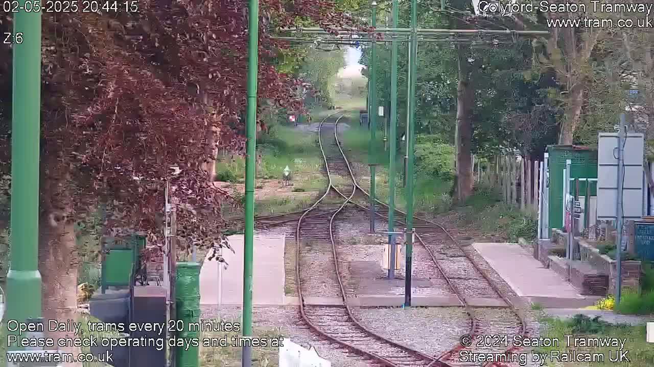 A view down a split set of train tracks, bordered by trees and grassy areas, on a partly sunny day.