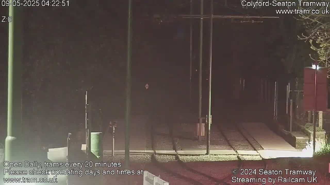 A nighttime view of a deserted tram station with dark trees and overhead lines.