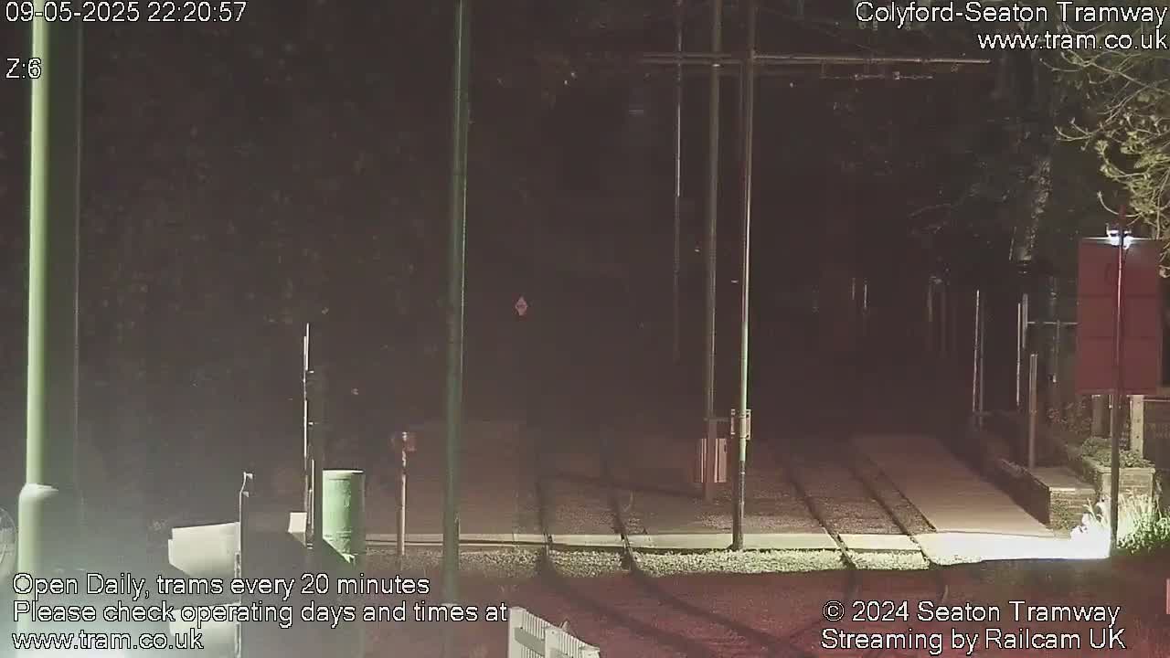 A nighttime view of a tram track, with dark trees and lampposts lining the sides.