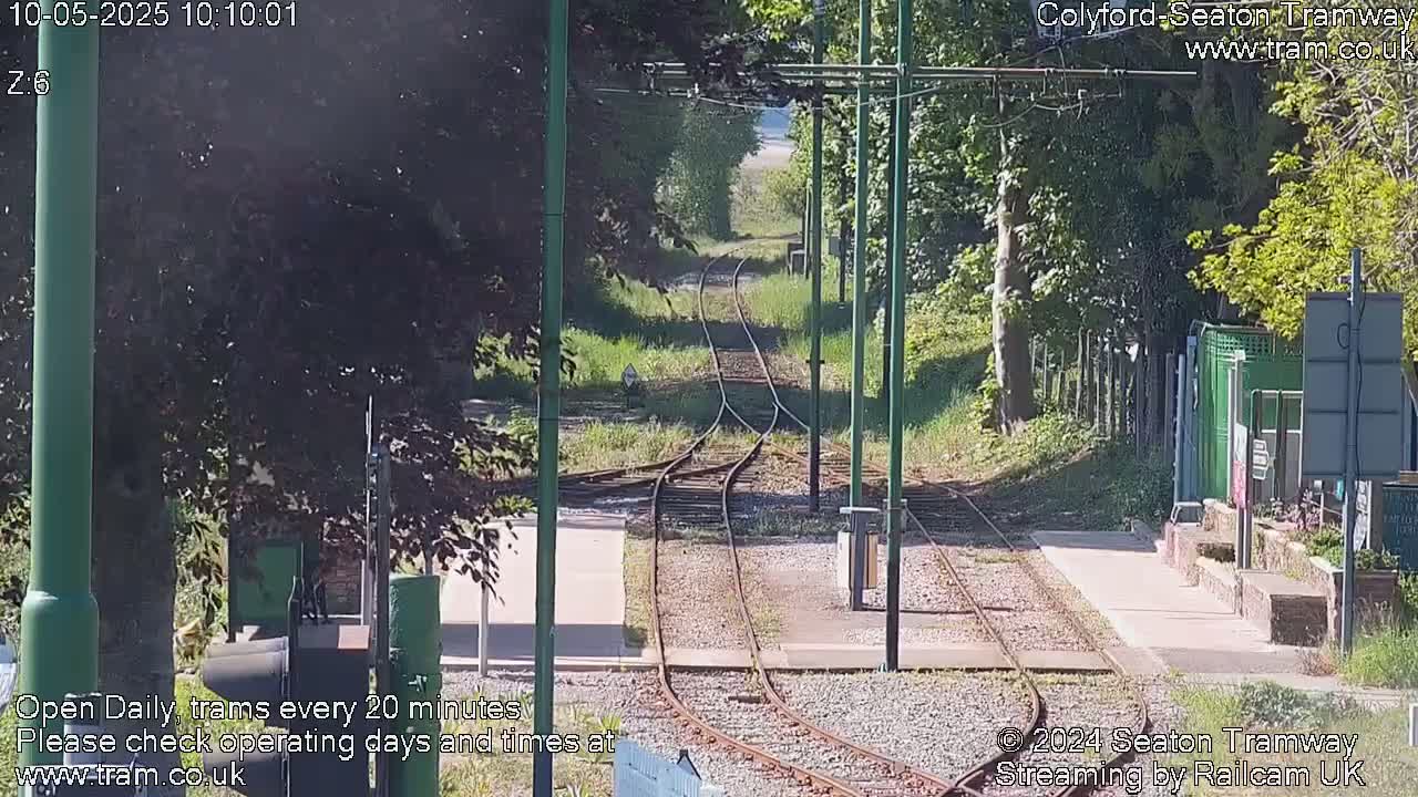 A sunny view of a train track splitting into two diverging paths, surrounded by lush green trees and vegetation.