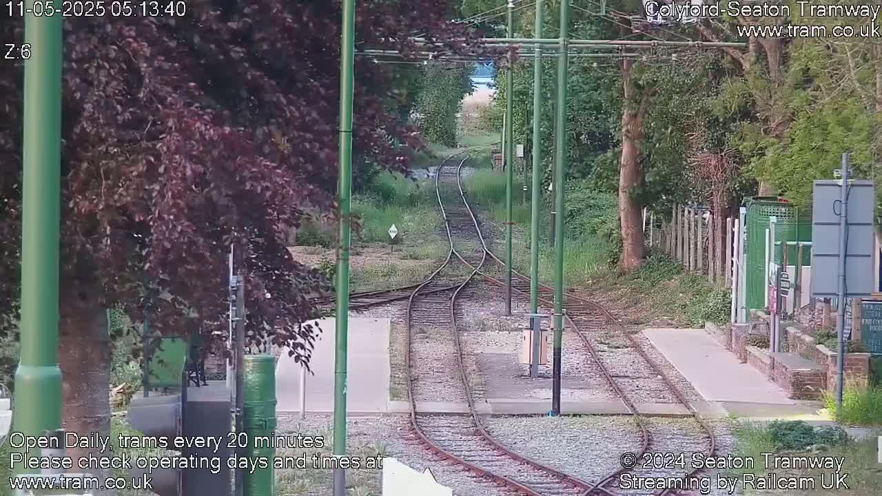 A view of a tram track splitting into two directions, surrounded by trees and greenery under overcast skies.