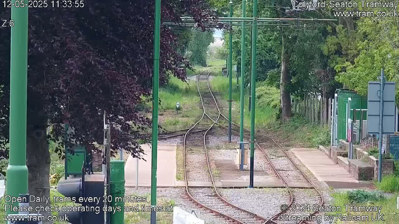 Tram tracks diverge in a grassy area under a partly cloudy sky, surrounded by trees and shrubs.