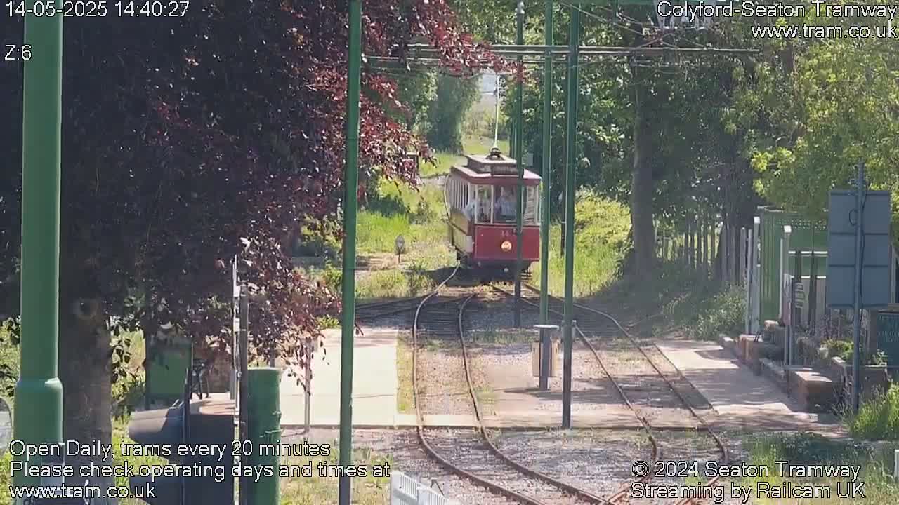 A red vintage tram approaches a station on a sunny day, surrounded by lush green vegetation and trees.