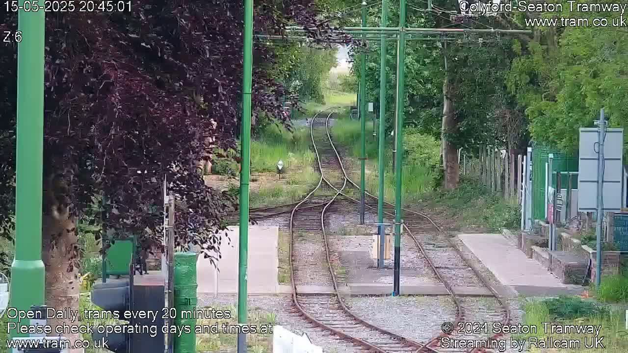 A daytime view of a tram track splitting into two paths, surrounded by lush green vegetation.