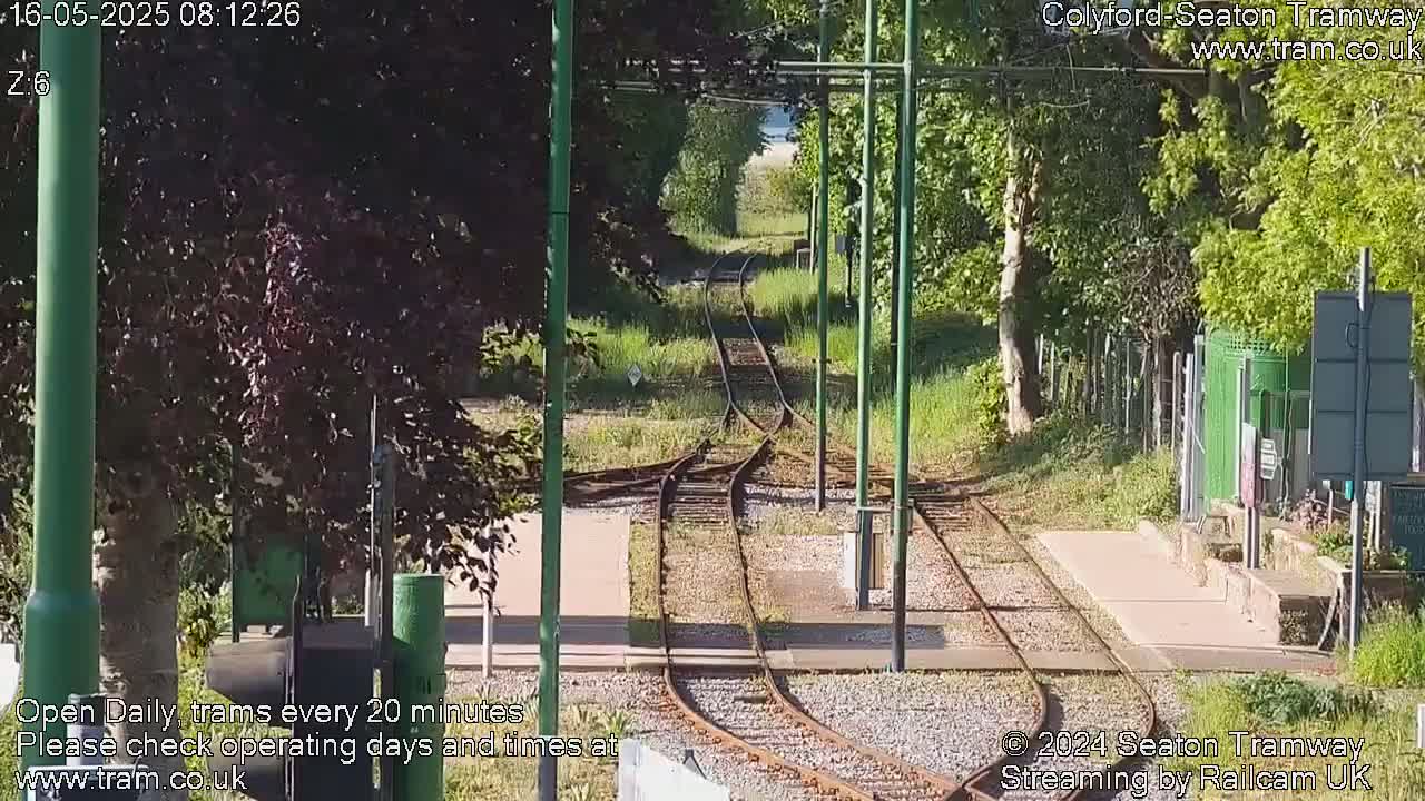 Tram tracks and a station platform are surrounded by trees and grass on a sunny day.