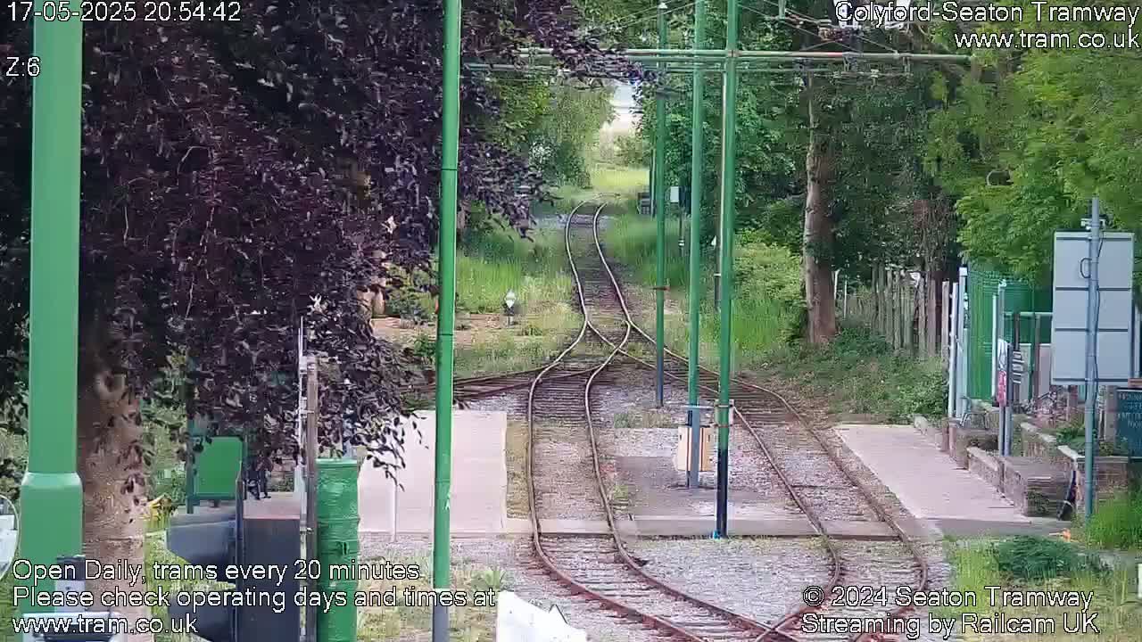 Tram tracks diverge in a wooded area under a partly cloudy sky.