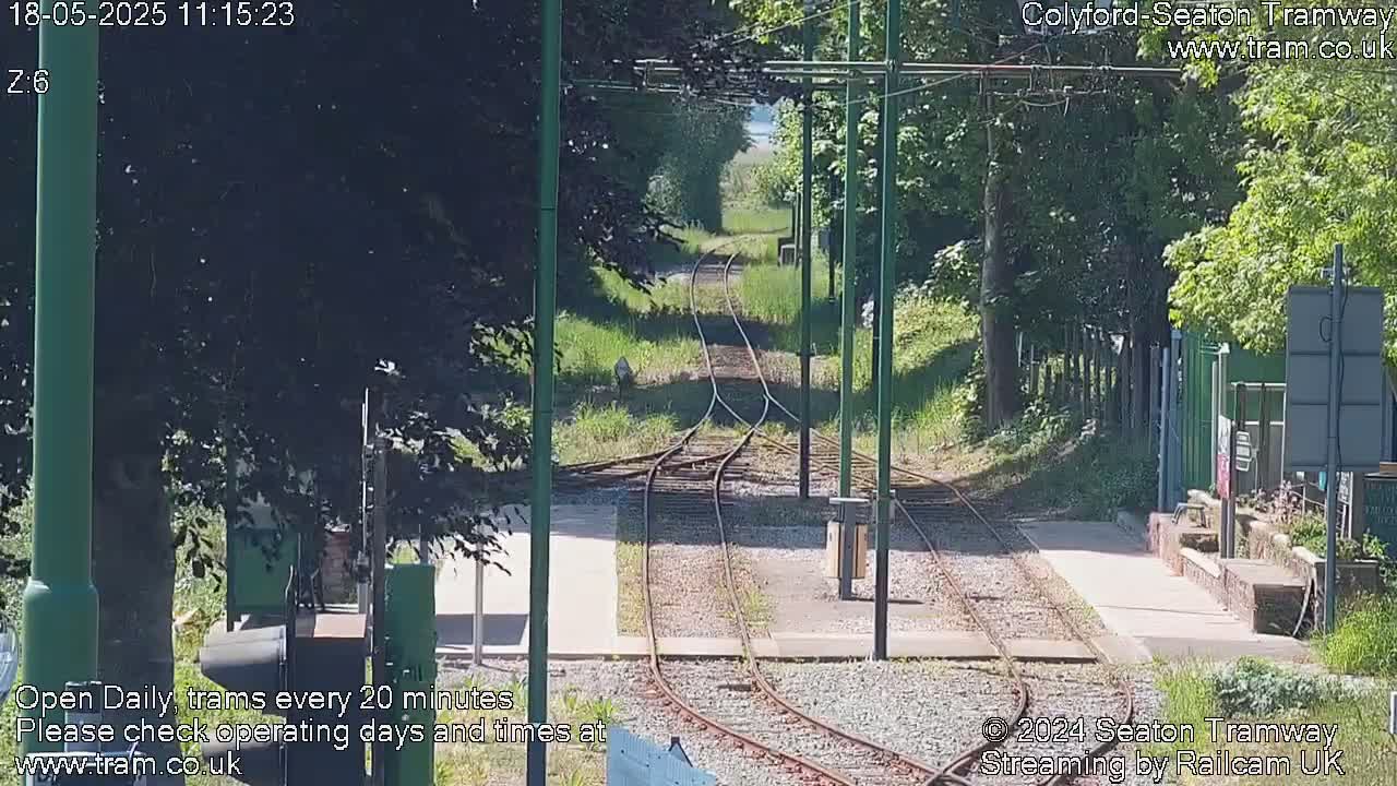 A sunny day at a train station showing a set of train tracks splitting into two, surrounded by greenery.