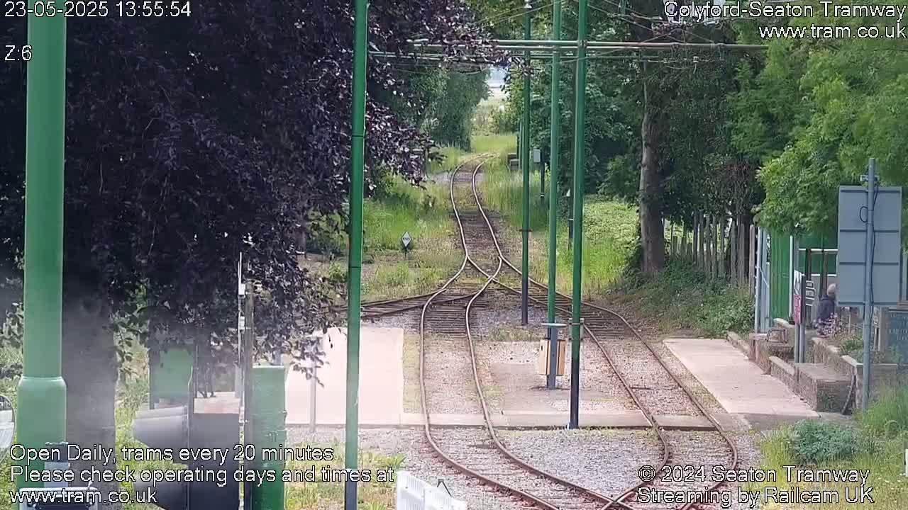 A view down a set of tram tracks splitting into two, surrounded by lush green trees and vegetation under a partly cloudy sky.
