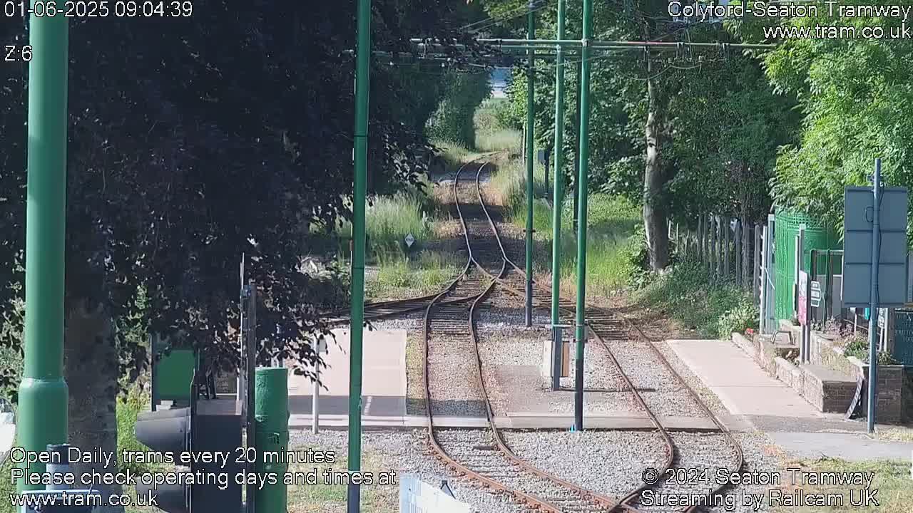 A sunny day at a train station showing a set of train tracks that split into two diverging paths surrounded by green trees and vegetation.