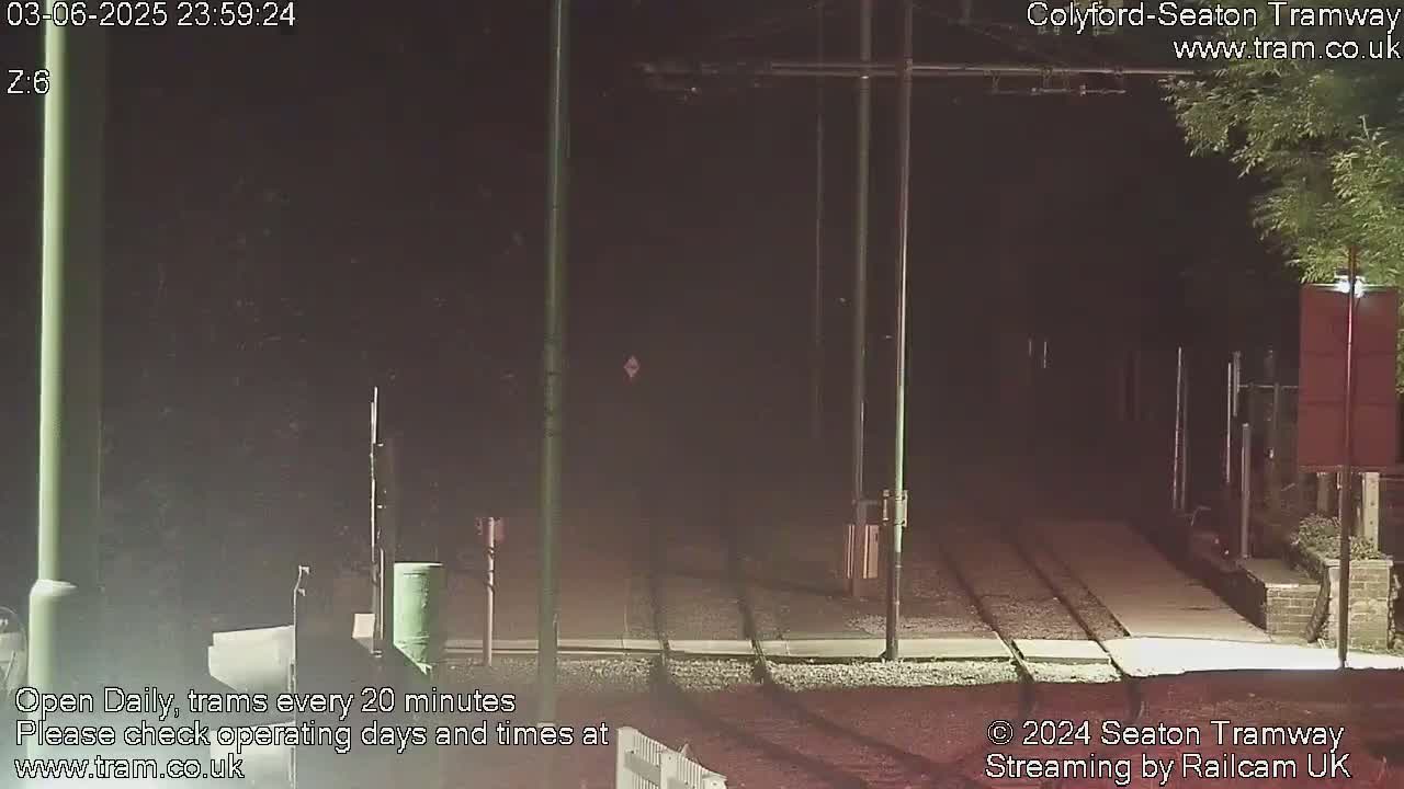 A nighttime view of a tram track, with overhead wires and sparse vegetation visible under dark conditions.