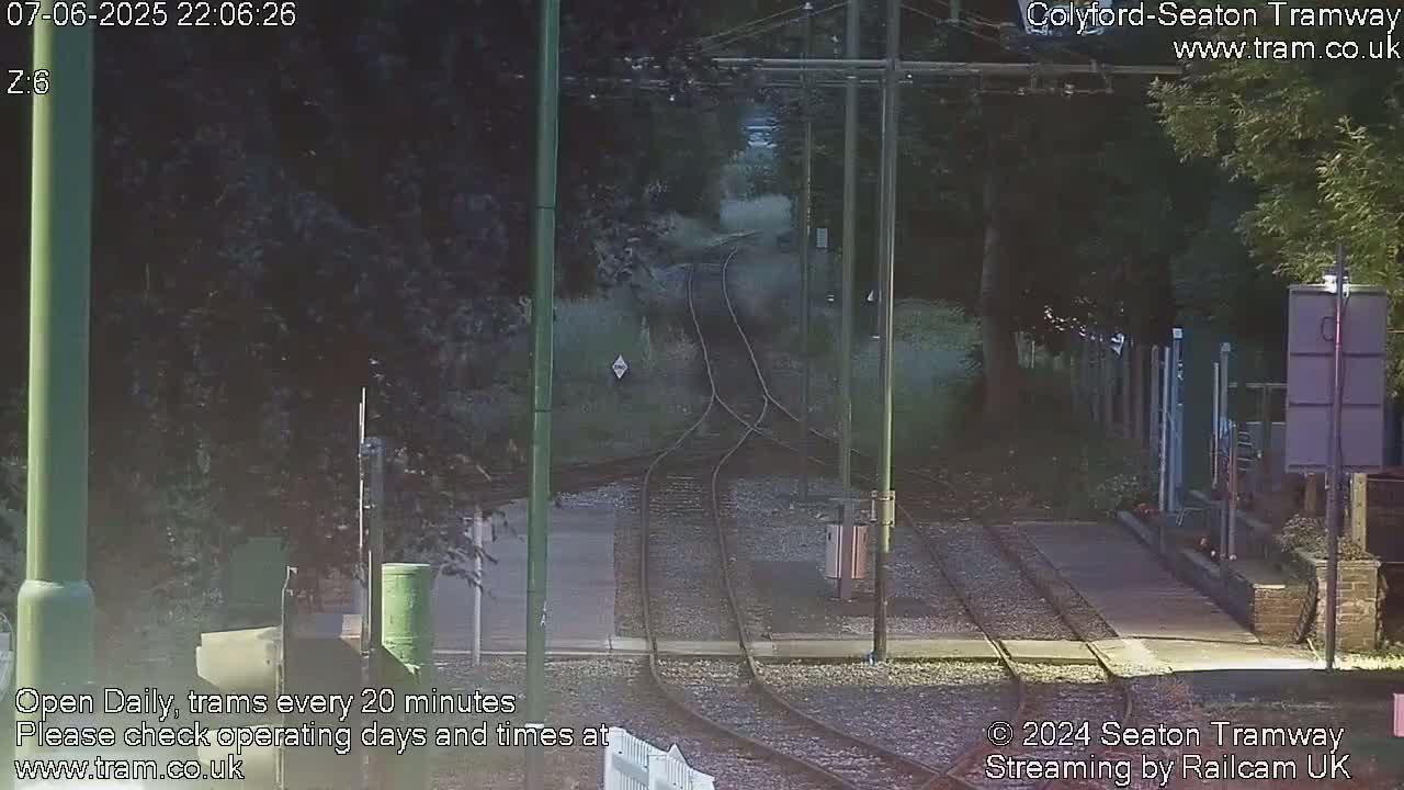 A nighttime view of tram tracks splitting into two directions, surrounded by trees and under a dark sky.