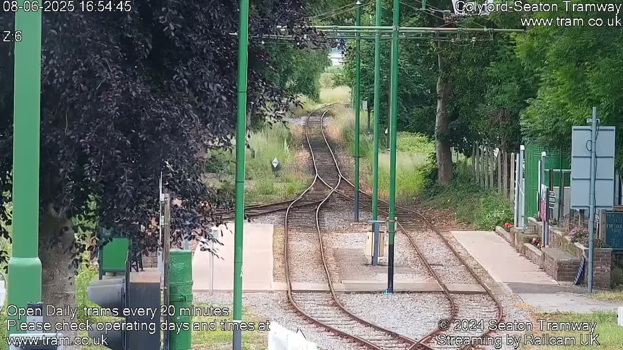Tram tracks diverge in a grassy area bordered by trees on a partly sunny day.