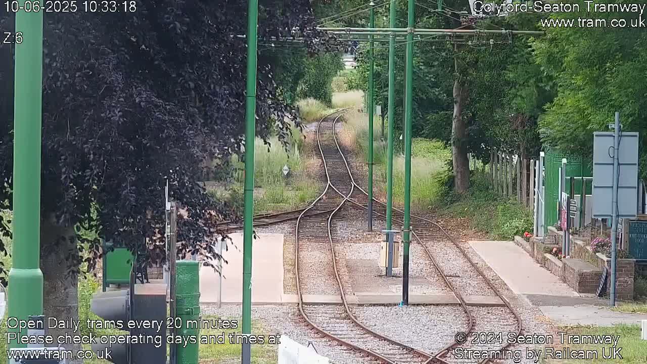 Tram tracks diverge in a grassy area bordered by trees on a partly sunny day.